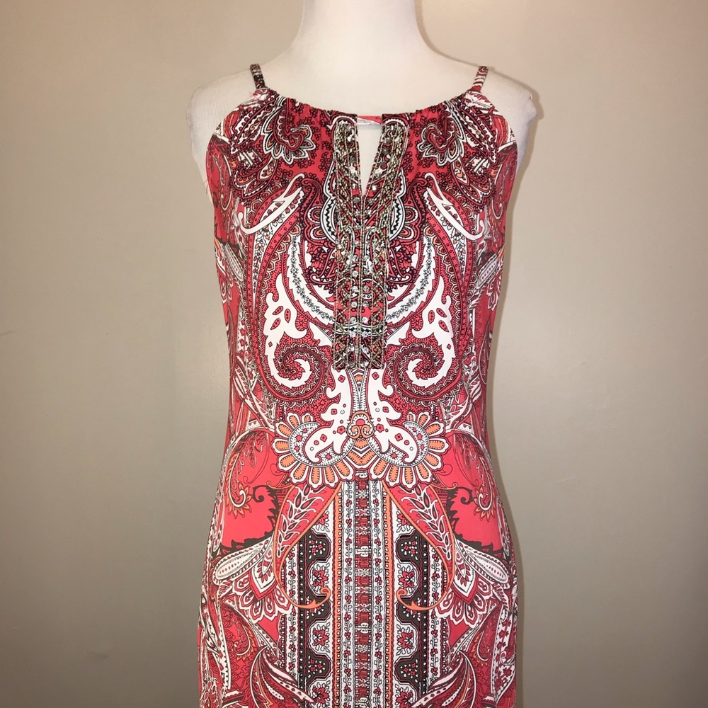 INC Coral Paisley Dress With Jeweled Front - Picture 2 of 6